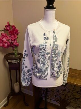 White Floral Button-Front Cardigan